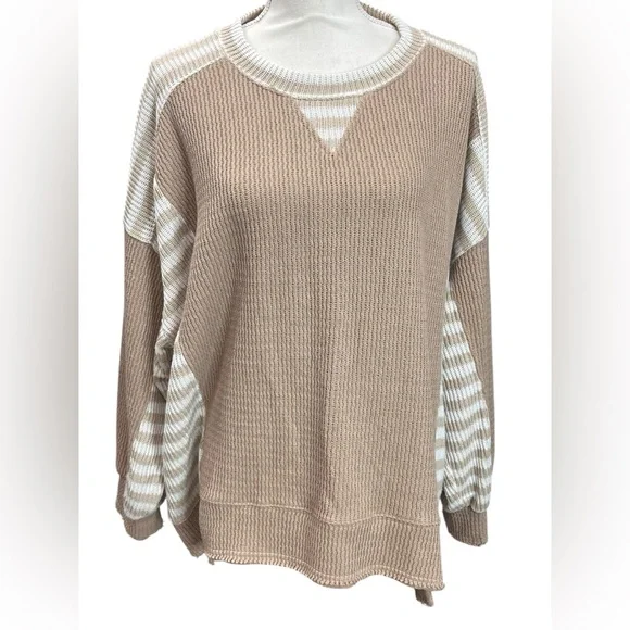 BiBi Tan Striped Contrast Waffle Knit Pullover Sweater Size Large - Picture 2 of 8